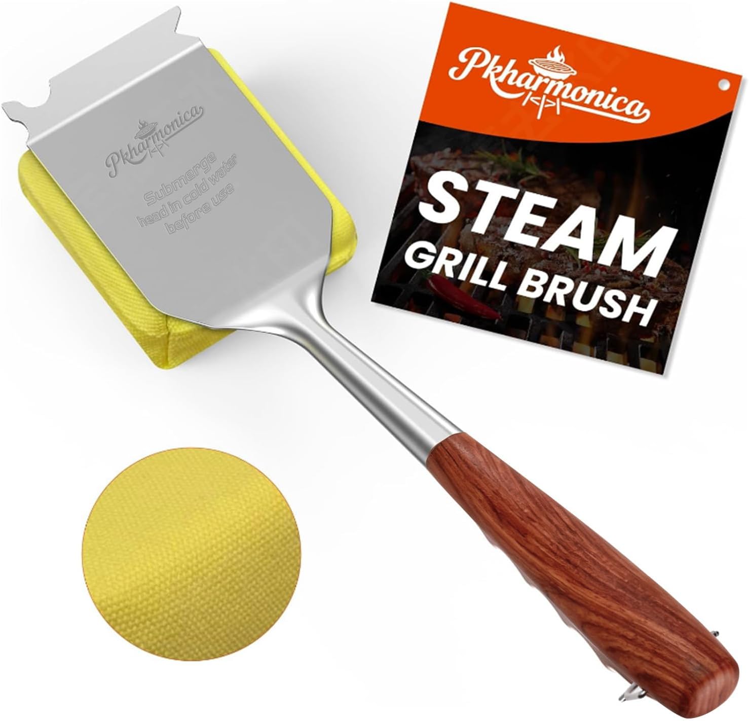 Grill Brush for Outdoor Grill, Bristle Free Grill Brush with Scraper, Safe Steam Grill Cleaner for BBQ &Griddle, Long Rosewood Handle Reaches Corners, for Porcelain, Cast Iron & Stainless Steel Grates
