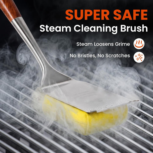 Grill Brush for Outdoor Grill, Bristle Free Grill Brush with Scraper, Safe Steam Grill Cleaner for BBQ &Griddle, Long Rosewood Handle Reaches Corners, for Porcelain, Cast Iron & Stainless Steel Grates