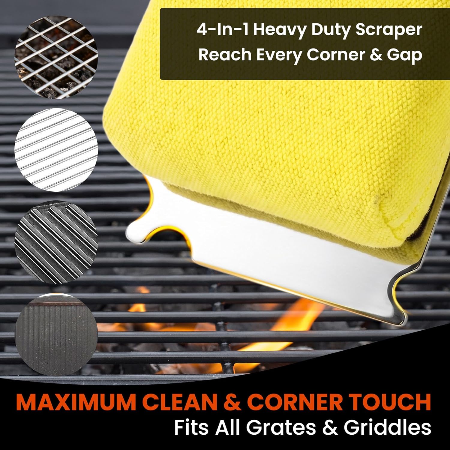 Grill Brush for Outdoor Grill, Bristle Free Grill Brush with Scraper, Safe Steam Grill Cleaner for BBQ &Griddle, Long Rosewood Handle Reaches Corners, for Porcelain, Cast Iron & Stainless Steel Grates
