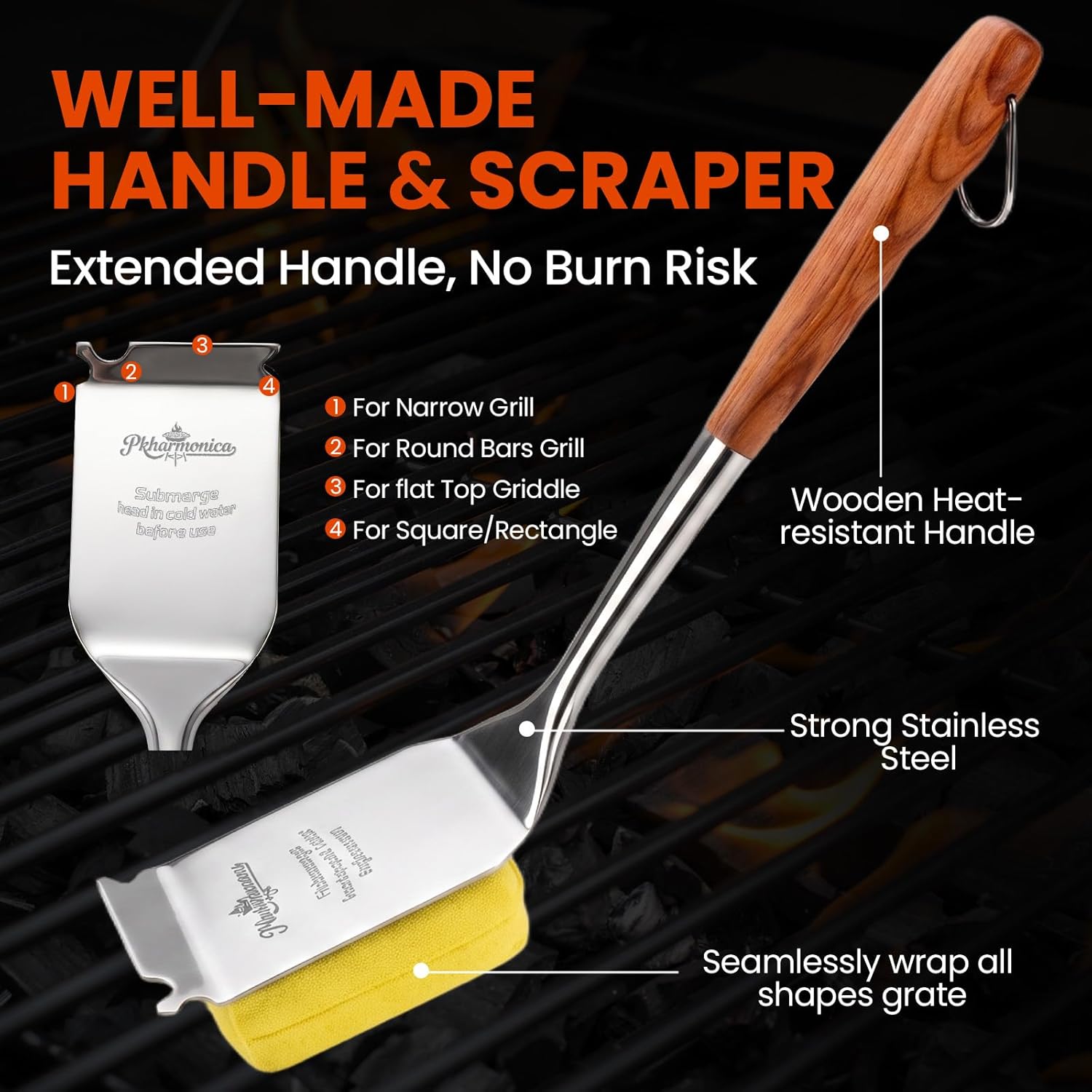Grill Brush for Outdoor Grill, Bristle Free Grill Brush with Scraper, Safe Steam Grill Cleaner for BBQ &Griddle, Long Rosewood Handle Reaches Corners, for Porcelain, Cast Iron & Stainless Steel Grates