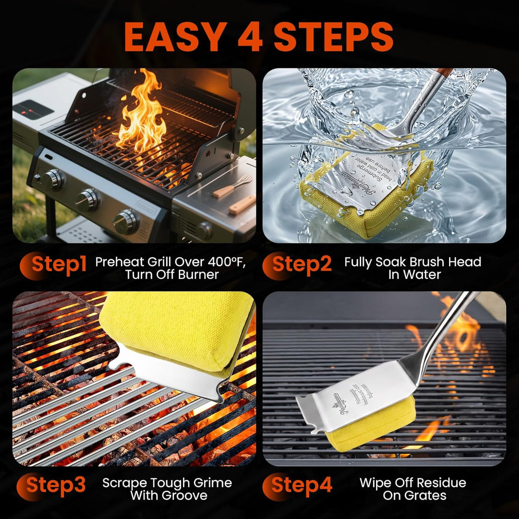 Grill Brush for Outdoor Grill, Bristle Free Grill Brush with Scraper, Safe Steam Grill Cleaner for BBQ &Griddle, Long Rosewood Handle Reaches Corners, for Porcelain, Cast Iron & Stainless Steel Grates
