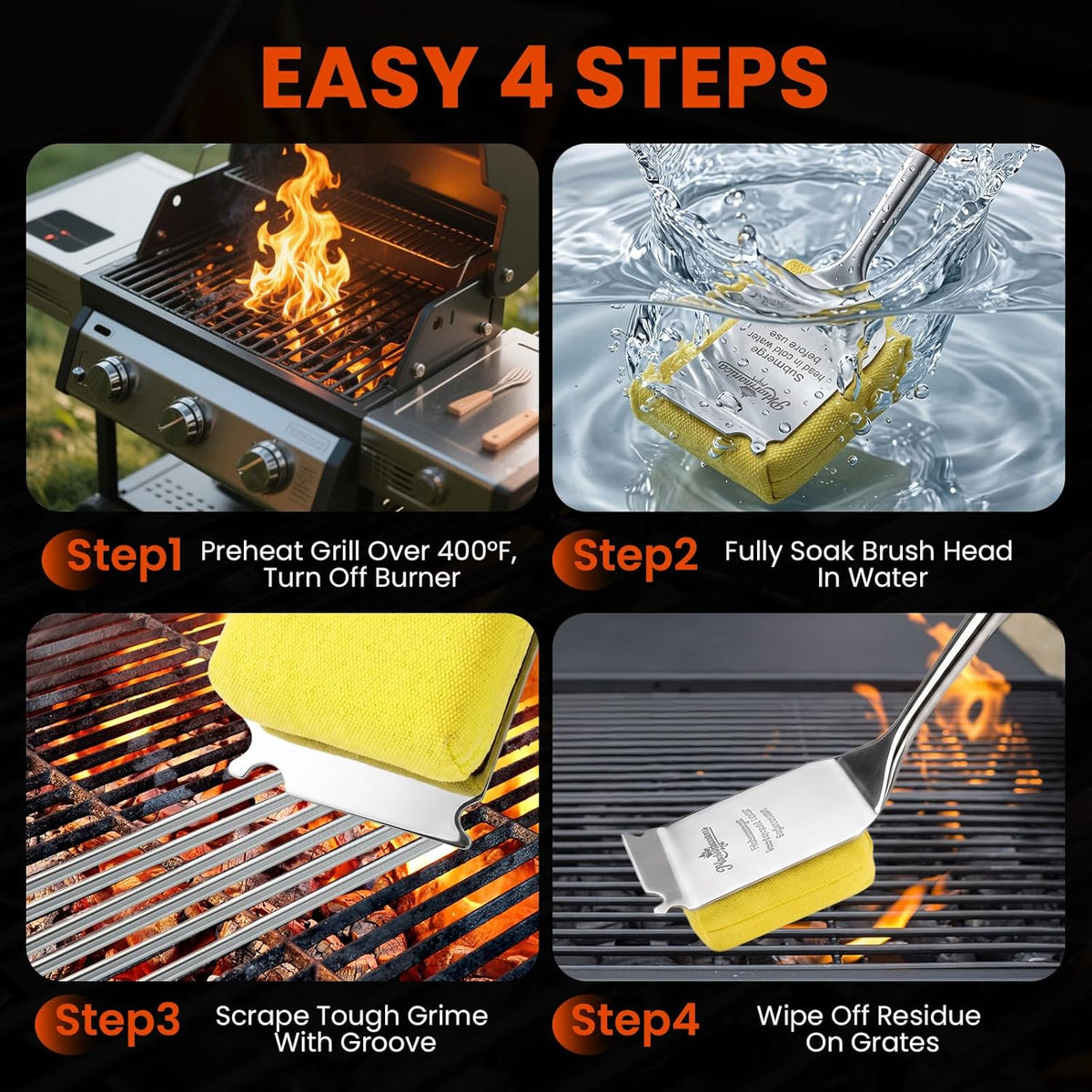 Grill Brush for Outdoor Grill, Bristle Free Grill Brush with Scraper, Safe Steam Grill Cleaner for BBQ &Griddle, Long Rosewood Handle Reaches Corners, for Porcelain, Cast Iron & Stainless Steel Grates