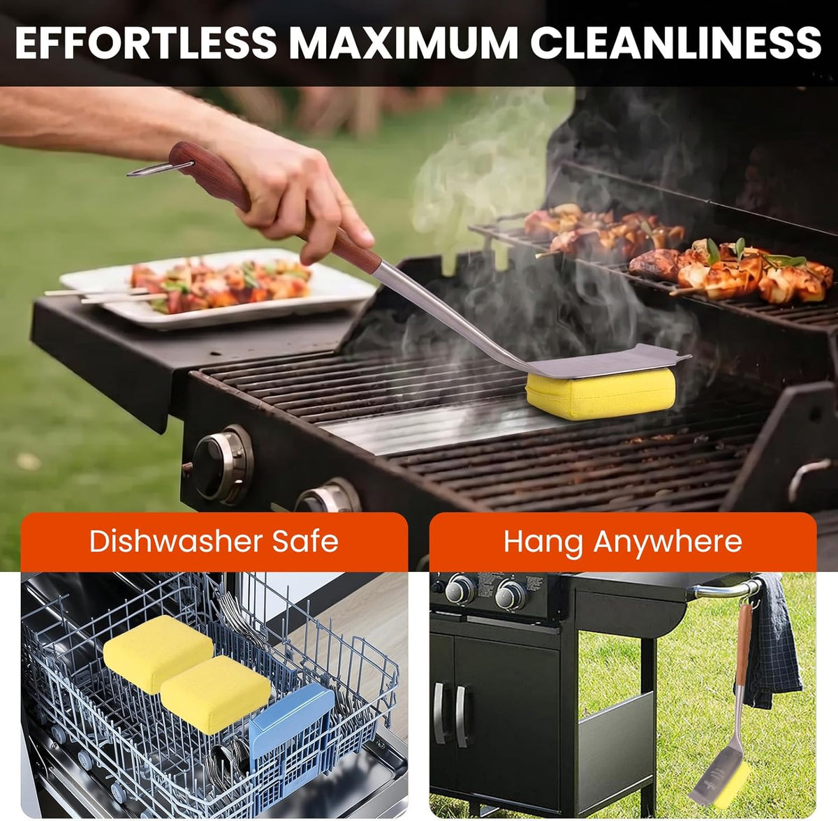 Grill Brush for Outdoor Grill, Bristle Free Grill Brush with Scraper, Safe Steam Grill Cleaner for BBQ &Griddle, Long Rosewood Handle Reaches Corners, for Porcelain, Cast Iron & Stainless Steel Grates
