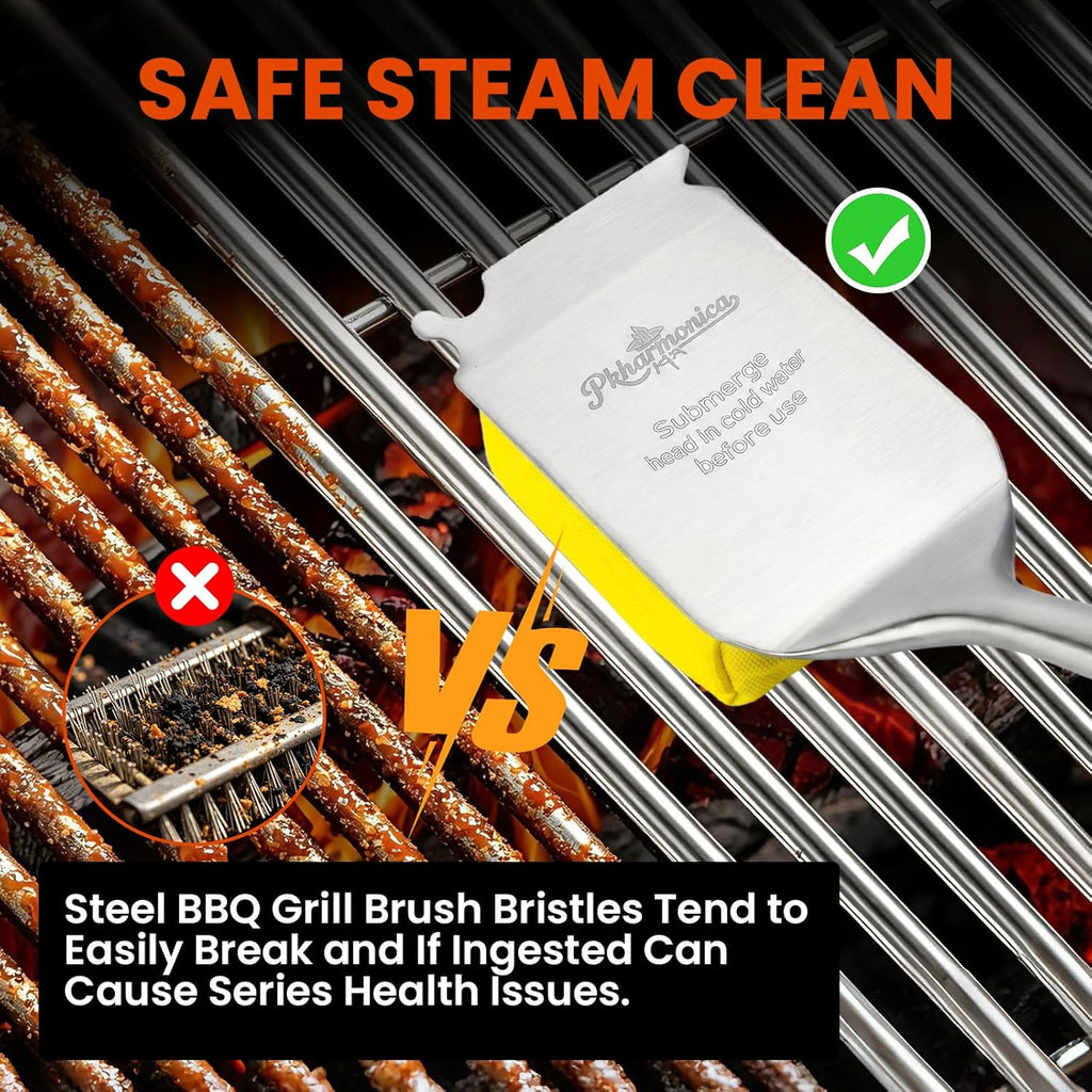 Grill Brush for Outdoor Grill, Bristle Free Grill Brush with Scraper, Safe Steam Grill Cleaner for BBQ &Griddle, Long Rosewood Handle Reaches Corners, for Porcelain, Cast Iron & Stainless Steel Grates